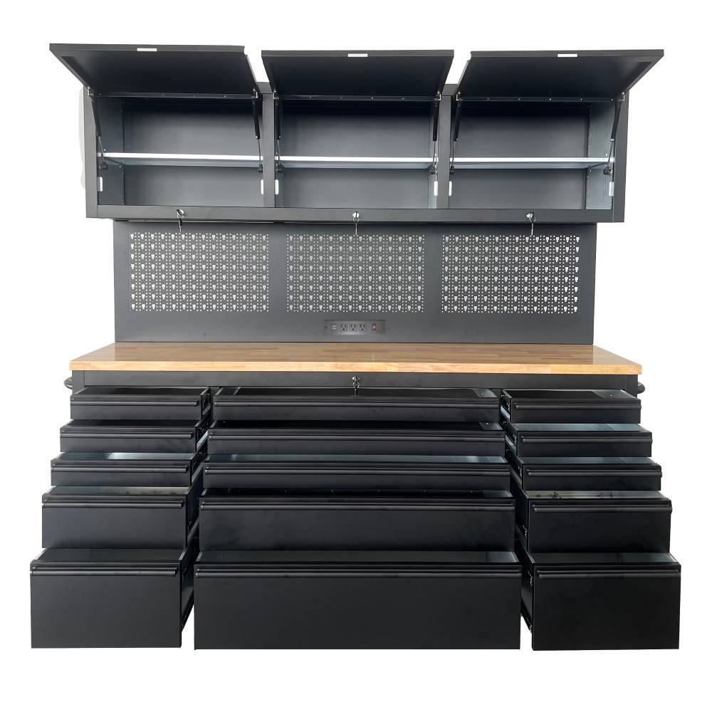 72" Heavy Duty Rolling Tool Storage Cabinet with Power Strip; 15 fully extending drawers; Hybrid pegboard, Wood Workbench, Overhead Cabinets & Lockable Security - Sturdy Steel Construction, 4-Wheel Mo
