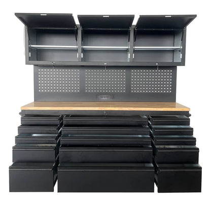 72" Heavy Duty Rolling Tool Storage Cabinet with Power Strip; 15 fully extending drawers; Hybrid pegboard, Wood Workbench, Overhead Cabinets & Lockable Security - Sturdy Steel Construction, 4-Wheel Mo