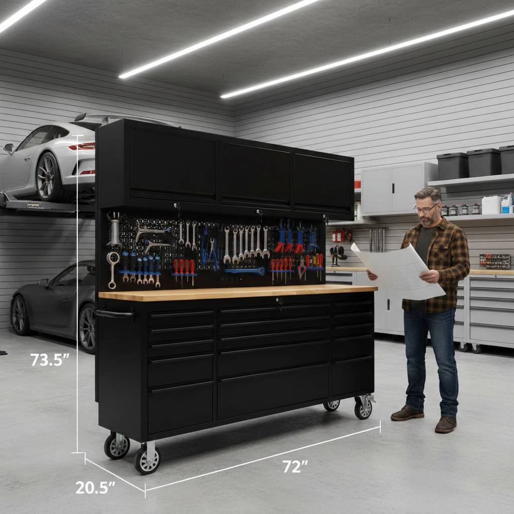 72" Heavy Duty Rolling Tool Storage Cabinet with Power Strip; 15 fully extending drawers; Hybrid pegboard, Wood Workbench, Overhead Cabinets & Lockable Security - Sturdy Steel Construction, 4-Wheel Mo