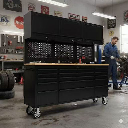 72" Heavy Duty Rolling Tool Storage Cabinet with Power Strip; 15 fully extending drawers; Hybrid pegboard, Wood Workbench, Overhead Cabinets & Lockable Security - Sturdy Steel Construction, 4-Wheel Mo