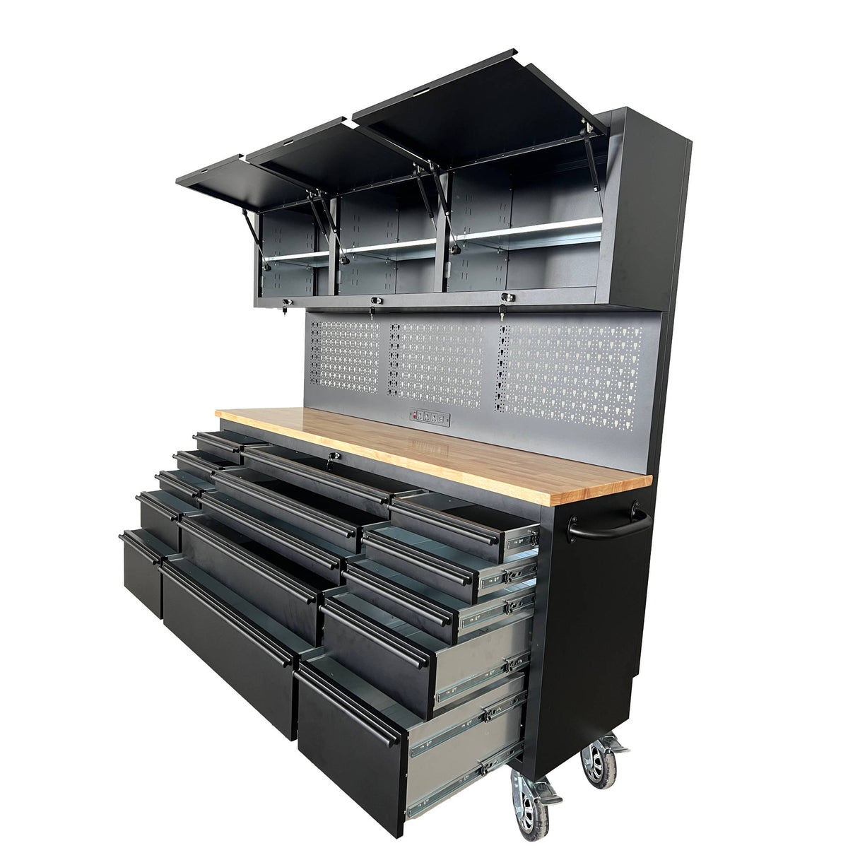 72" Heavy Duty Rolling Tool Storage Cabinet with Power Strip; 15 fully extending drawers; Hybrid pegboard, Wood Workbench, Overhead Cabinets & Lockable Security - Sturdy Steel Construction, 4-Wheel Mo