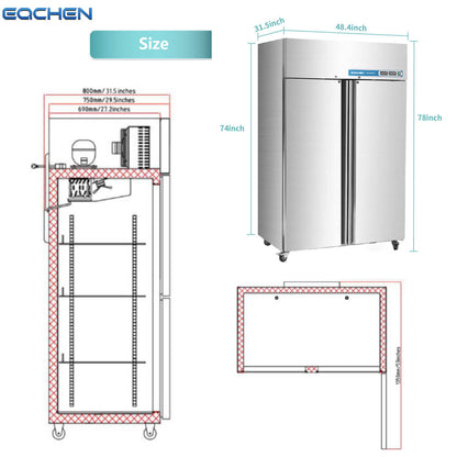 EQCHEN 2 Door 48 Inch Wide Refrigerator Freezer Combo
