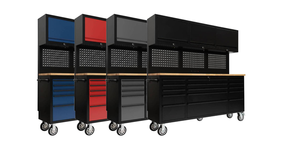 72" Heavy Duty Rolling Tool Storage Cabinet with Power Strip; 15 fully extending drawers; Hybrid pegboard, Wood Workbench, Overhead Cabinets & Lockable Security - Sturdy Steel Construction, 4-Wheel Mo
