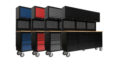 72" Heavy Duty Rolling Tool Storage Cabinet with Power Strip; 15 fully extending drawers; Hybrid pegboard, Wood Workbench, Overhead Cabinets & Lockable Security - Sturdy Steel Construction, 4-Wheel Mo