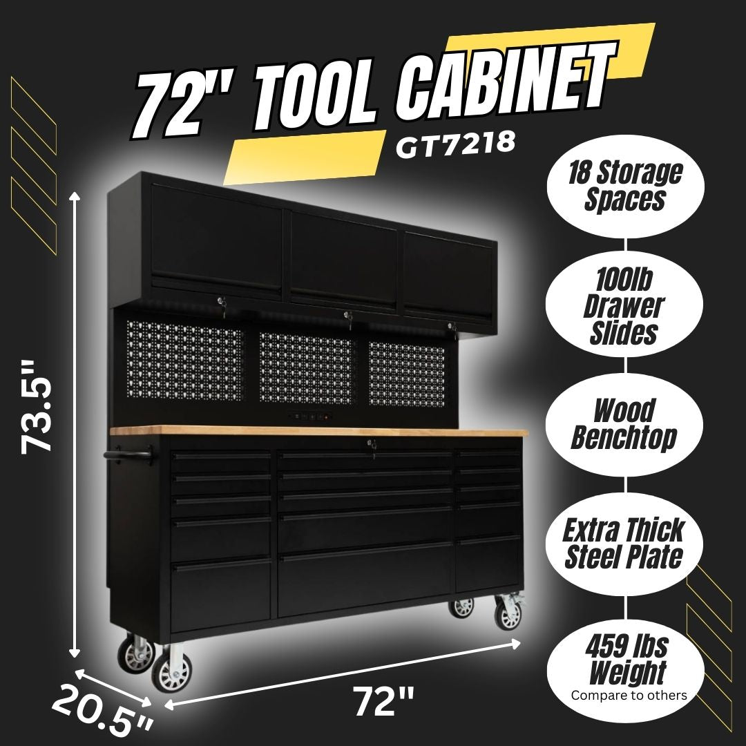 72" Heavy Duty Rolling Tool Storage Cabinet with Power Strip; 15 fully extending drawers; Hybrid pegboard, Wood Workbench, Overhead Cabinets & Lockable Security - Sturdy Steel Construction, 4-Wheel Mo