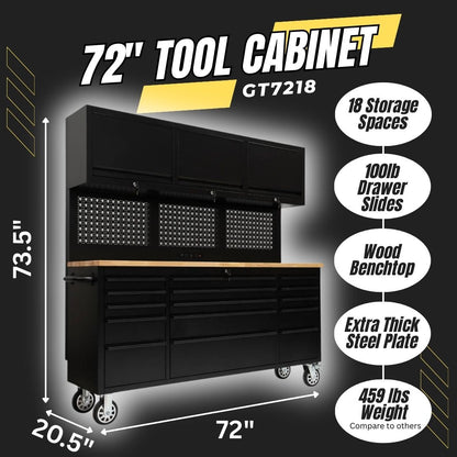 72" Heavy Duty Rolling Tool Storage Cabinet with Power Strip; 15 fully extending drawers; Hybrid pegboard, Wood Workbench, Overhead Cabinets & Lockable Security - Sturdy Steel Construction, 4-Wheel Mo