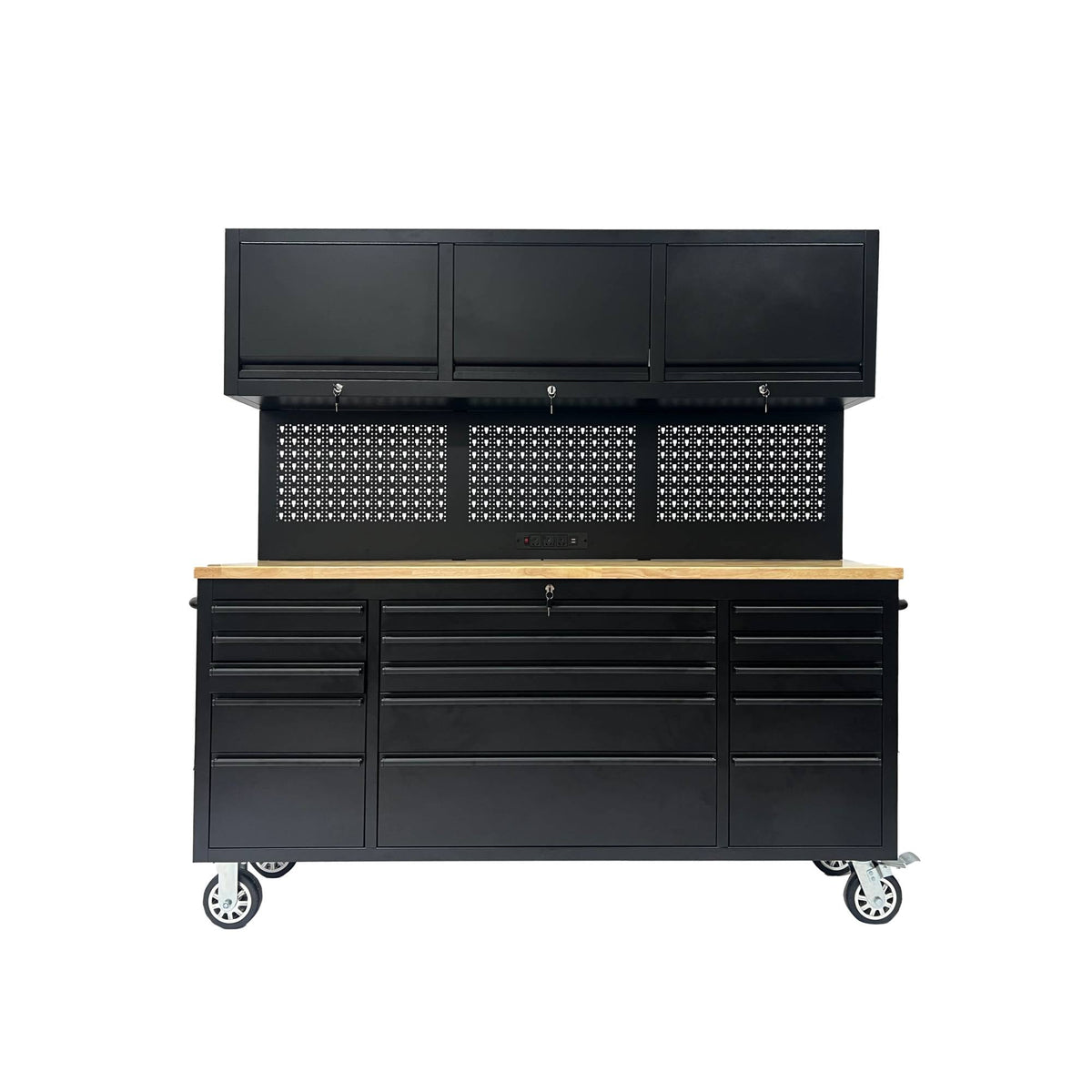 72" Heavy Duty Rolling Tool Storage Cabinet with Power Strip; 15 fully extending drawers; Hybrid pegboard, Wood Workbench, Overhead Cabinets & Lockable Security - Sturdy Steel Construction, 4-Wheel Mo