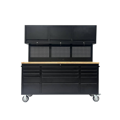 72" Heavy Duty Rolling Tool Storage Cabinet with Power Strip; 15 fully extending drawers; Hybrid pegboard, Wood Workbench, Overhead Cabinets & Lockable Security - Sturdy Steel Construction, 4-Wheel Mo